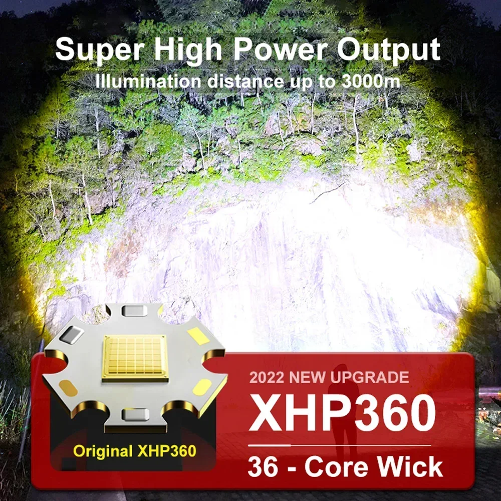 XHP360 เกรดทหาร Super High Power ไฟฉาย 36 แกน Wick Zoomable กันน้ําแบบชาร์จไฟได้ไฟฉายค้อนนิรภัย