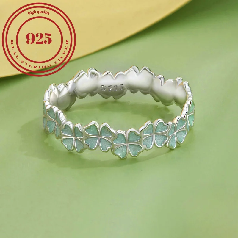 925 Sterling Silver Band Ring Four Leaf Clover Design Symbol Of Luck And Happiness Match Daily Outfits High Quality Jewelry.