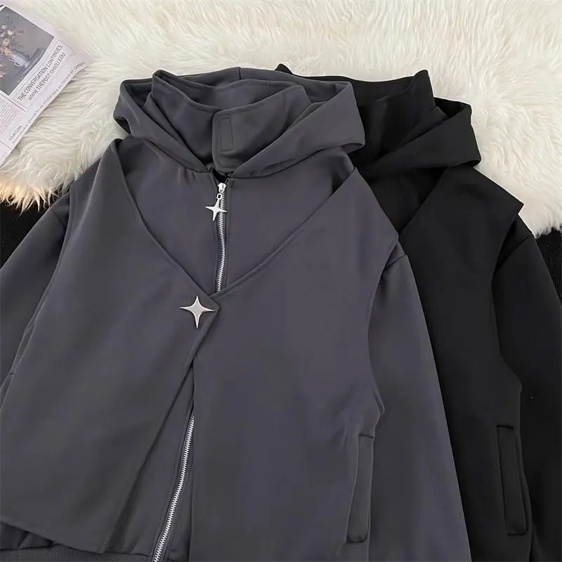 

Japanese Retro Loose Casual Jacket Fake Two-piece Hooded Cardigan Sweatshirt for Men Streetwear Women Y2k Clothes Sudaderas