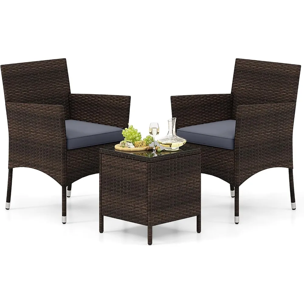 

3 Pieces Patio Rattan Furniture Set, Outdoor Conversation Set with PE Wicker Armchairs, Tempered Glass Top Coffee Table, Soft R