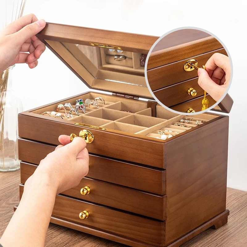 Luxury Jewelry Organizer Storage Box Wood Retro Organizer Jewelry Storage Box Four Layers Multi Functional Packaging Supplies