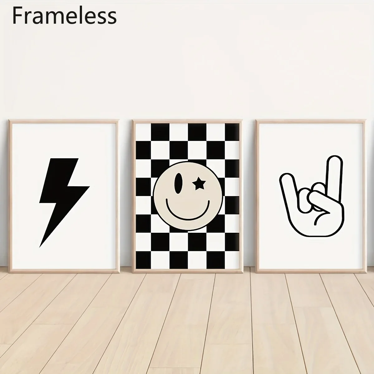 2D Flat, 3pcs Frameless Modern Art Deco Vertical Wall Art Suitable for Rock Music & Face Designs - Black and White Canvas Pri