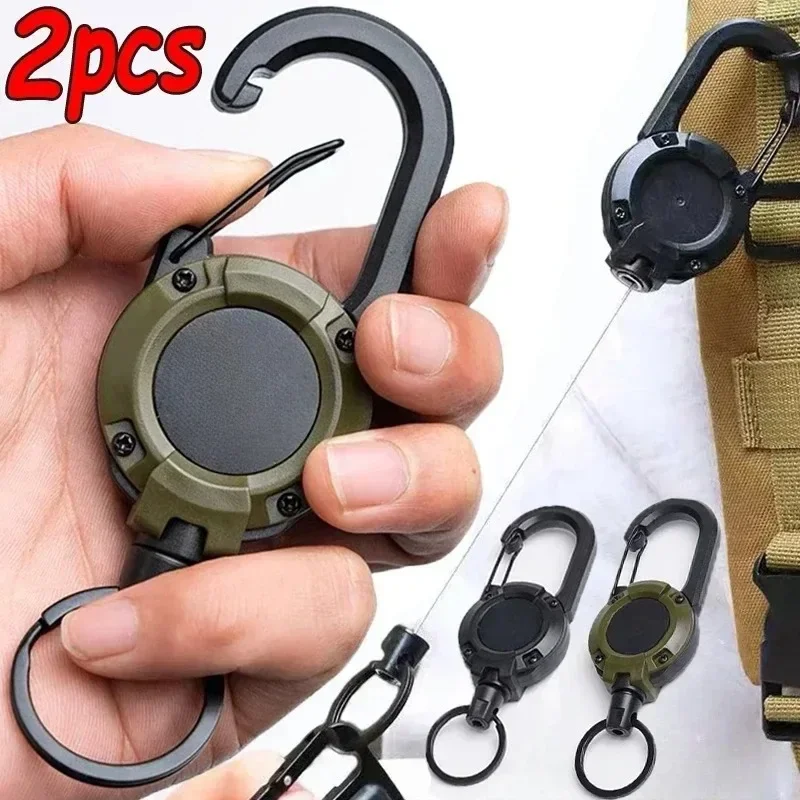 1/2pcs Heavy Duty Retractable Pull Badges ID Reel Carabiner Key Chain Steel Wire Rope Buckle Key Holder Outdoor Keychain Tools