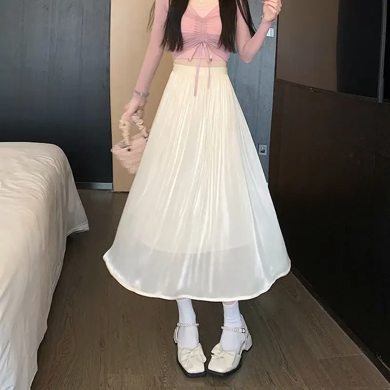 

2024 New Summer Fashion High Waist Covering Belly Loose Relaxed Vacation Simple Solid Color Mid Length Flowing Light Skirt