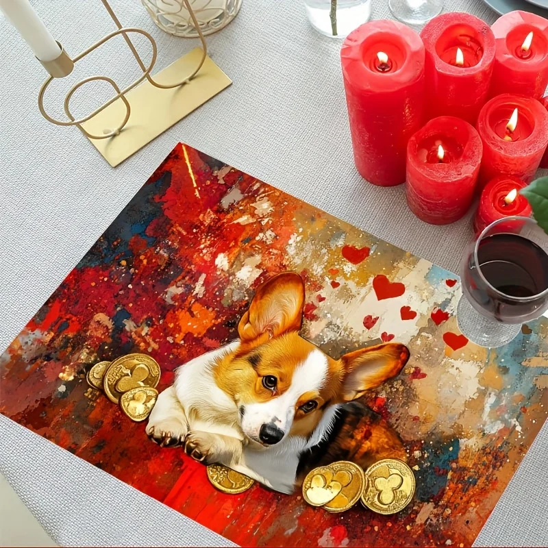 1PC Valentine'S Day Corgi & Golden Coins Placemats,Linen Knit Fabric Rectangular Table Mats