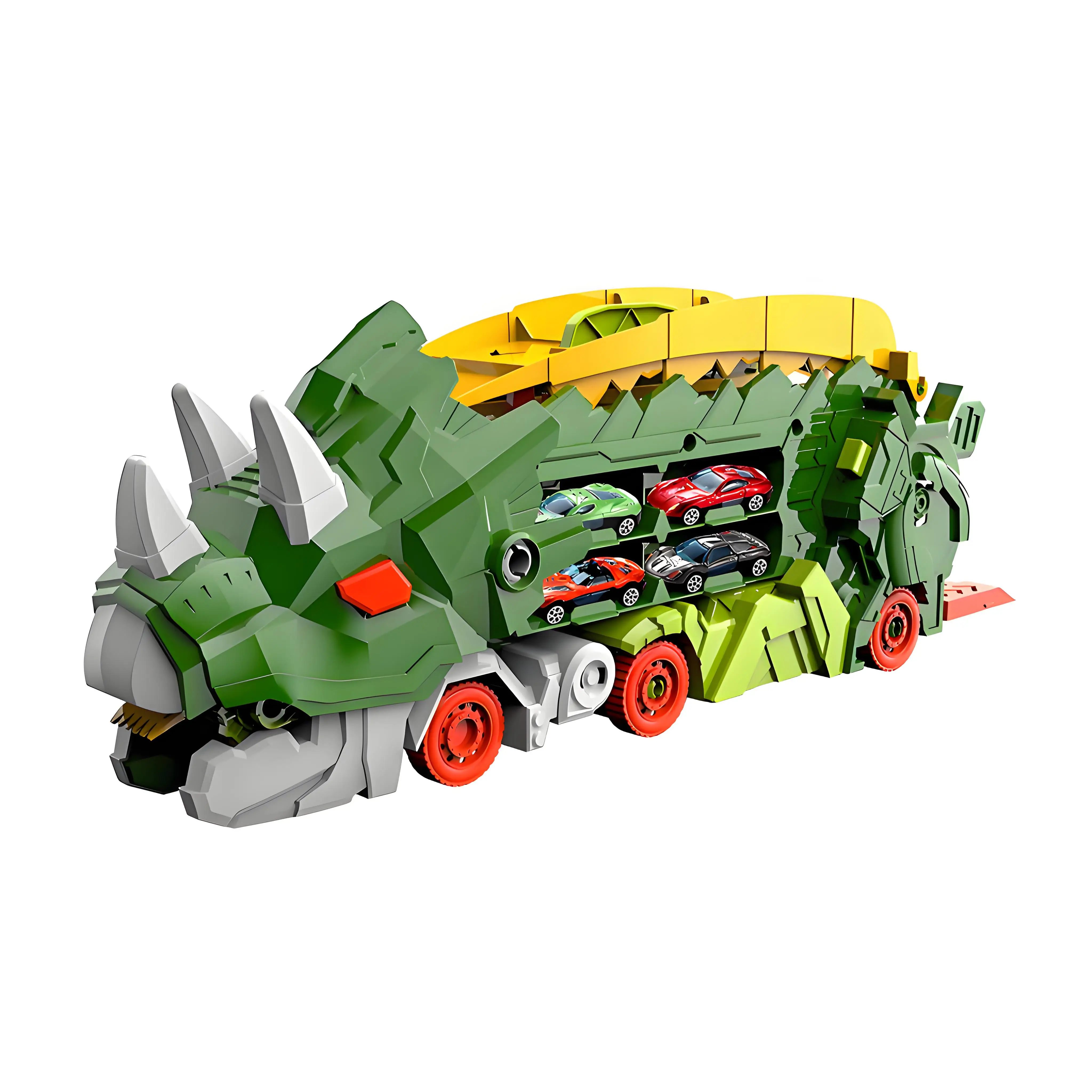 Dinosauro per bambini che lancia auto giocattolo triceratopo pista scorrevole deformazione in lega Tyrannosaurus Rex gioca modello di veicolo
