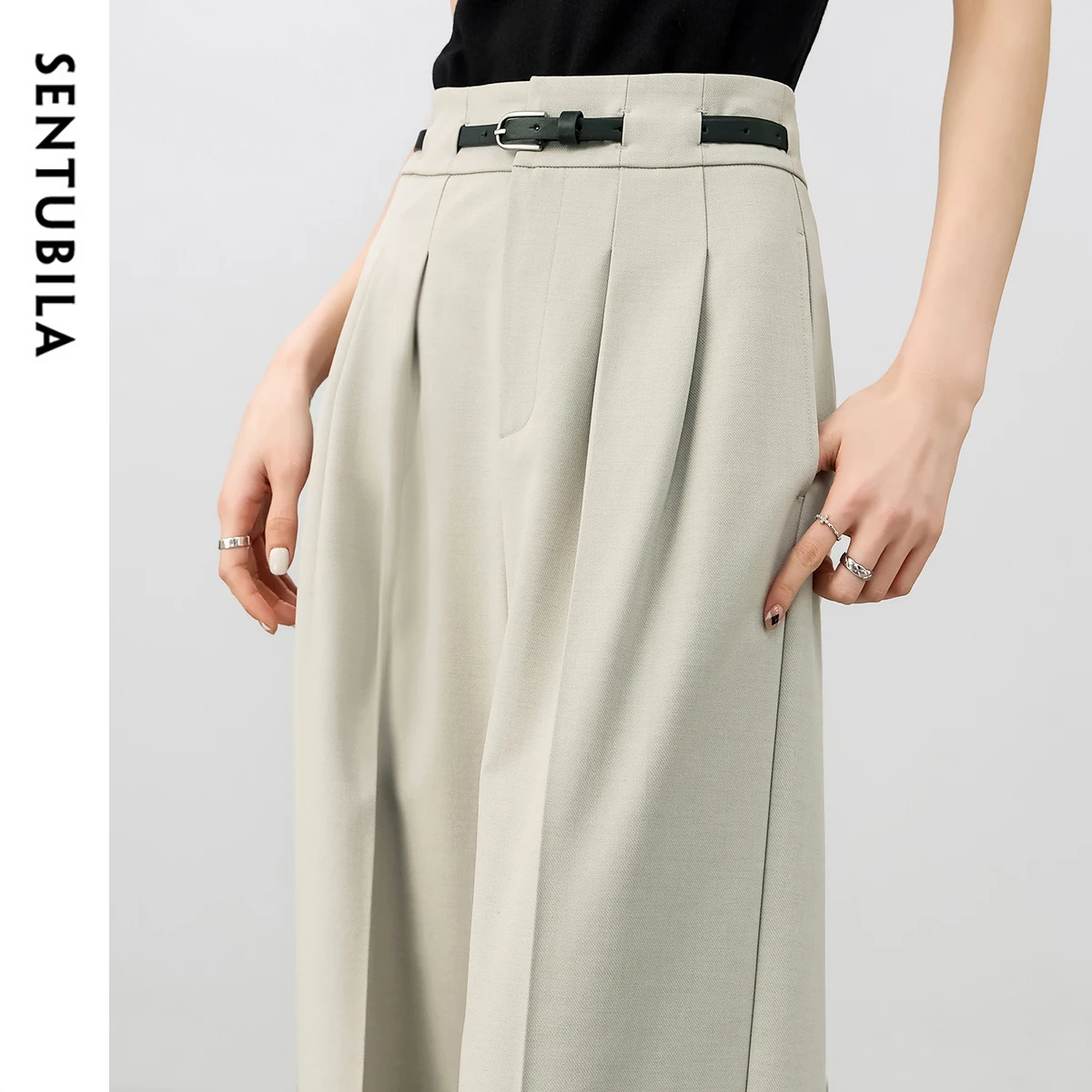 SENTUBILA Straight Pants Woman 2025 Spring Full-length High-waist Solid Folds Office Workwear Trousers with Belt 151K59377