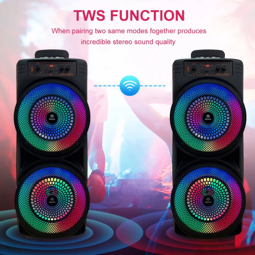 TTD-2807 Bluetooth Speaker Loud Boombox w/ Double Subwoofer Deep Bass Lights Outdoor Speaker Sound Box USB/TF/AUX/FM/MIC