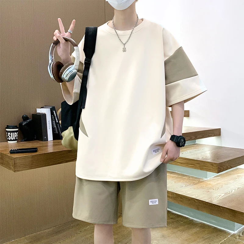 2024 Fashion Men T-Shirts Shorts Outfits Sets Summer 2 Piece Oversized Tracksuit Set Casual Patchwork Streetwear Mens Clothes