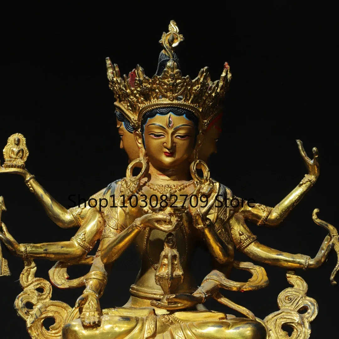 Tibetan brass gilt painted three sides and eight arms Zunsheng Buddha Guanyin Tara ornament Home Buddhist Hall ornament 30 cm