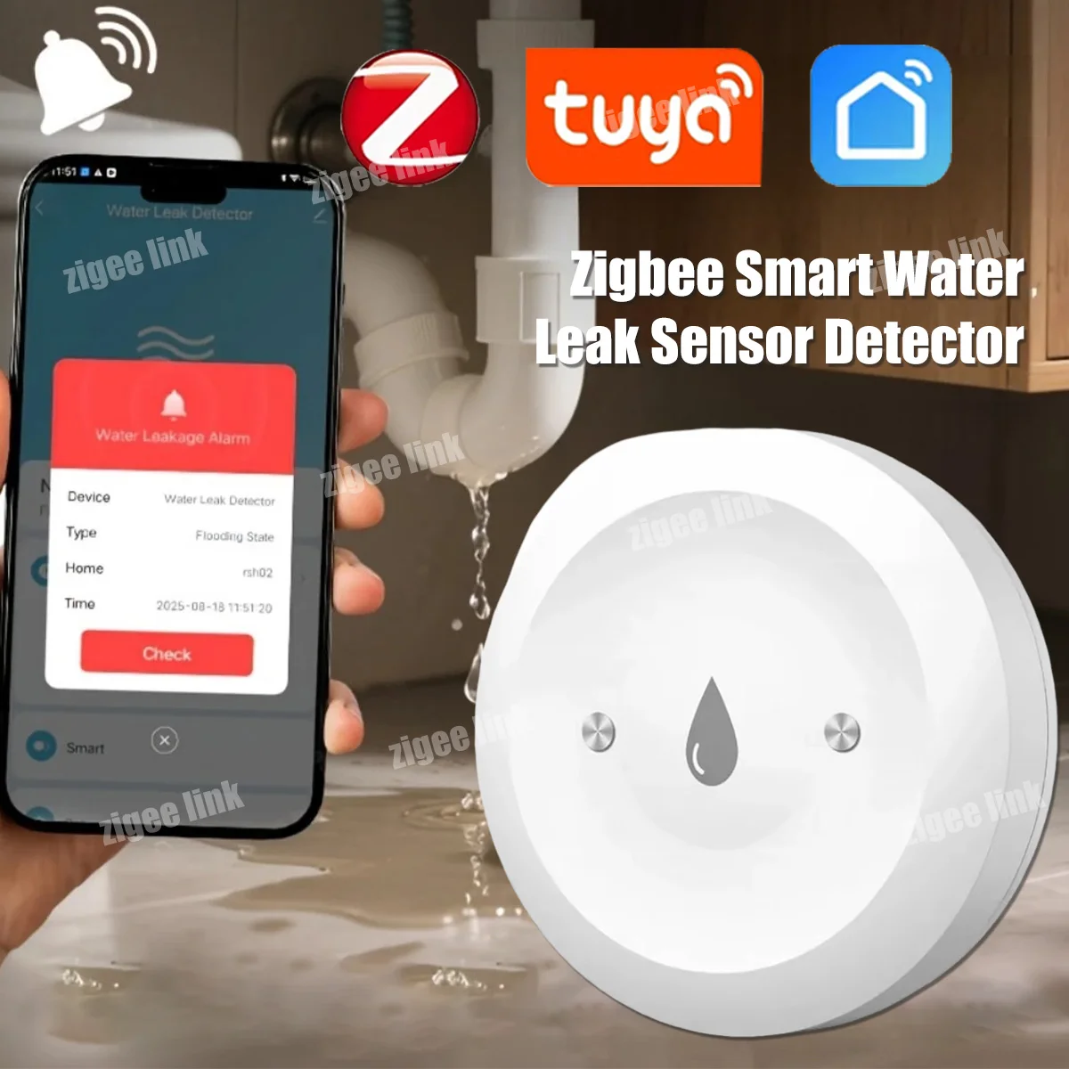 

Smart Water Leak Sensor ZigBee 3.0 Flood Detector Water Leakage Alarm Tuya Smart Life App Remote Monitoring