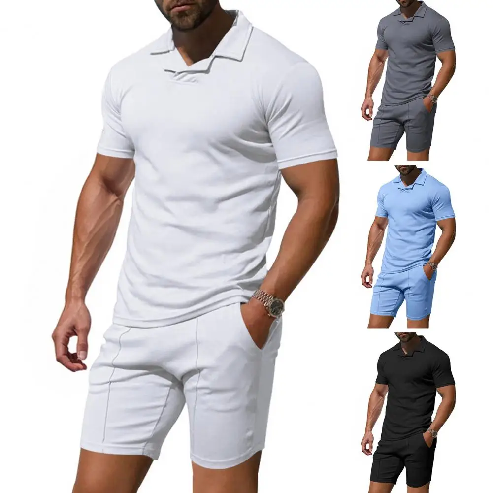 

Men Two-piece Suit Men's Short Sleeve Pullover Drawstring Shorts Set with Pockets Solid Color Sportswear Outfit for Casual Wear