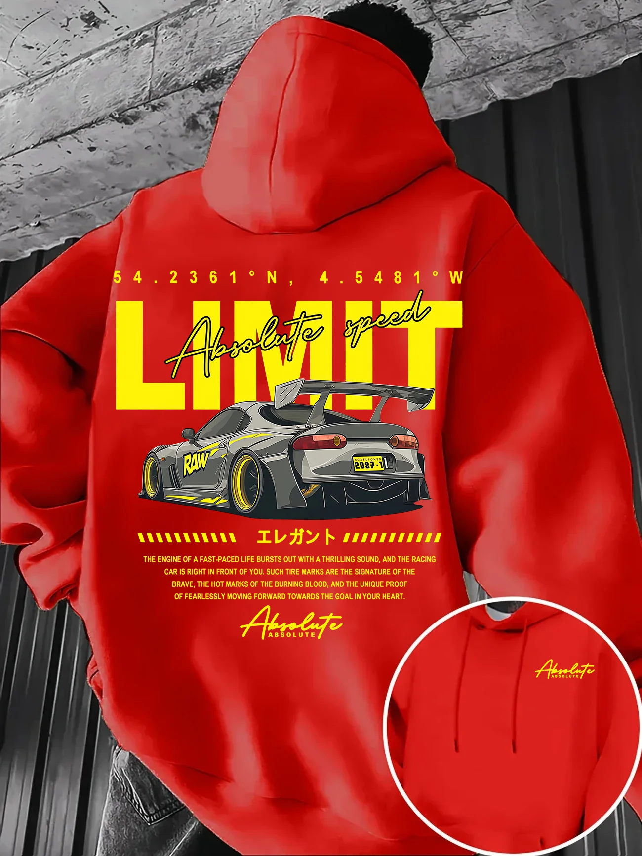 Locker sitzende Herren-Hoodies mit JDM-Rennwagen-Text und Koordinaten-Print – Herbst/Winter Minimalistische Streetwear Kapuzenoberteile – Detail 5