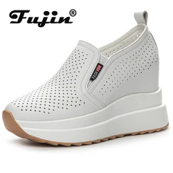 Fujin 10cm Women Summer Breathable Casual Sandals Platform Wedge Fashion Ins White Genuine Leather Chunky Sneaker Hollow Shoes