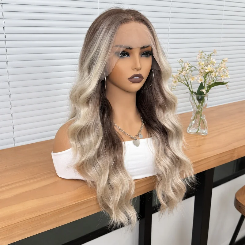13x6 Lace Front Synthetic Wig Ash Brown Beige Blonde Balayage Long Wavy Hair Free Part Natural Look Daily Wear for Wome