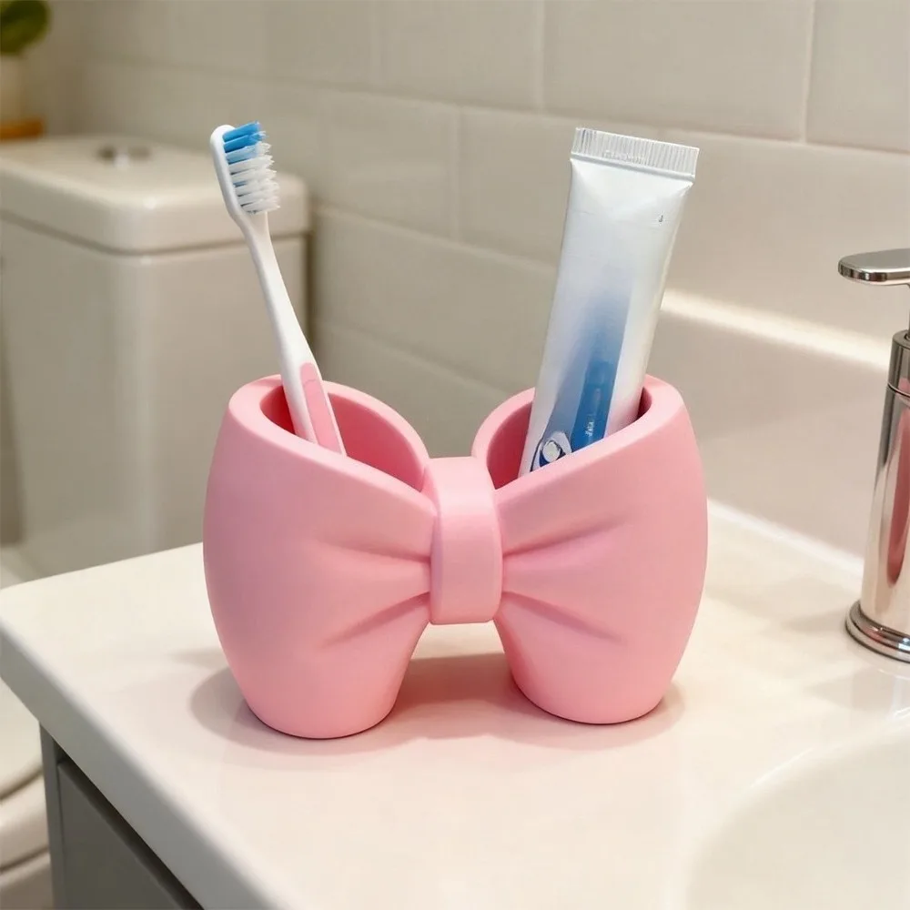 1pc Cute Bow Plastic Toothbrush Holder Multifunctional as Pen Holder No Installation Needed for Bathroom and Bedroom Home Decor