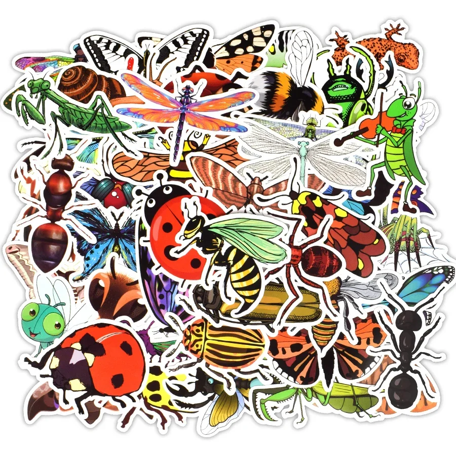 50 PCS Nature Insect Stickers Animal Ant Ladybug Sticker for Bicycle Luggage Laptop Car Decal Educational Toys Stickers for Kids