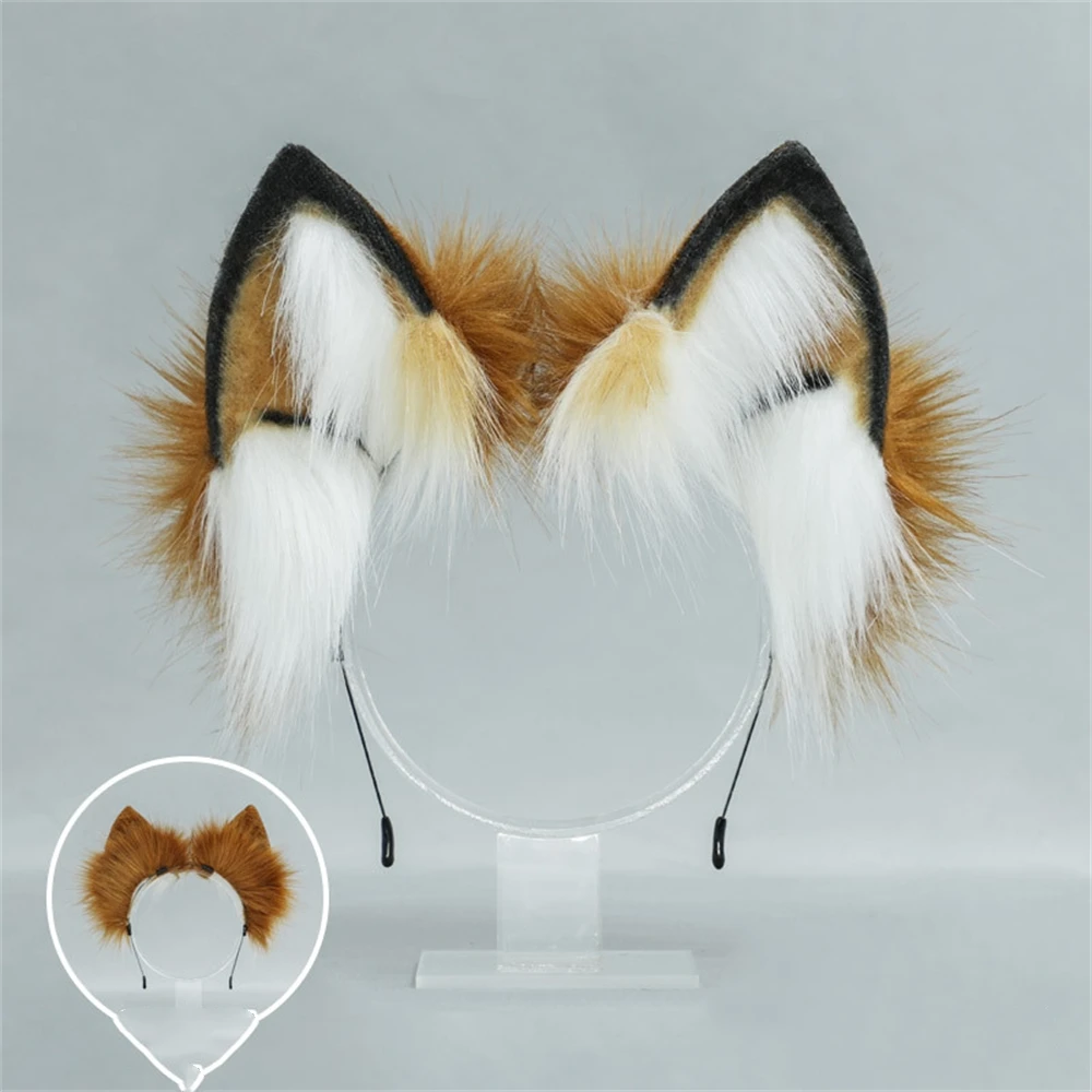 2024 Furry Plush Foldable Wolf Cat Ears Headband Orange Color Simutation Animal Hair Hoop Japanese Kawaii Cosplay Headpiece Gift