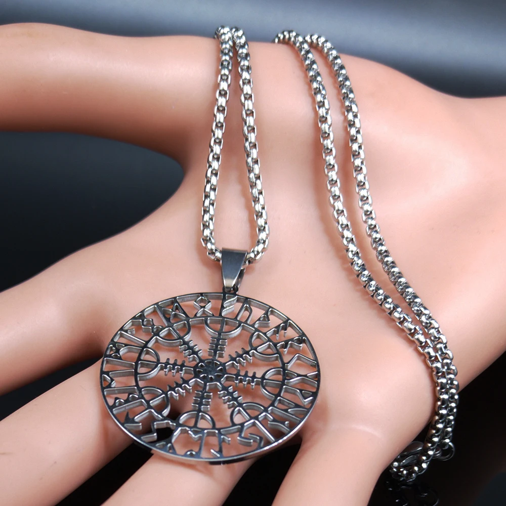 Viking Compass Helm Rune Amulet Necklace Silver Color Stainless Steel Symbol of Protection Necklace Pagan Jewelry N7024S01