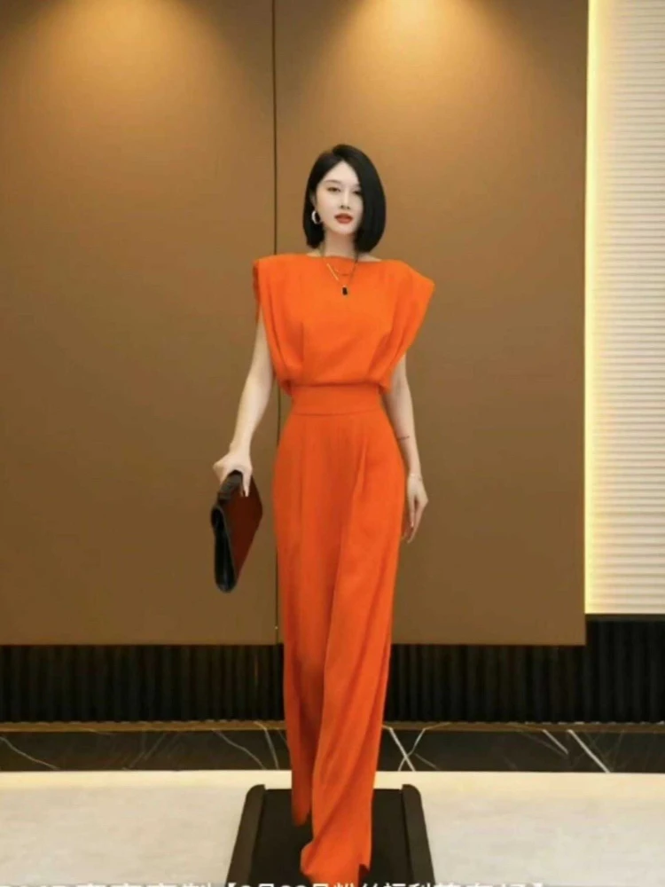 

Women Office Lady Sleeveless O-neck Sashes Wide Leg Jumpsuits 2025 Summer Party Vacation Outfits One Piece Suit Romper