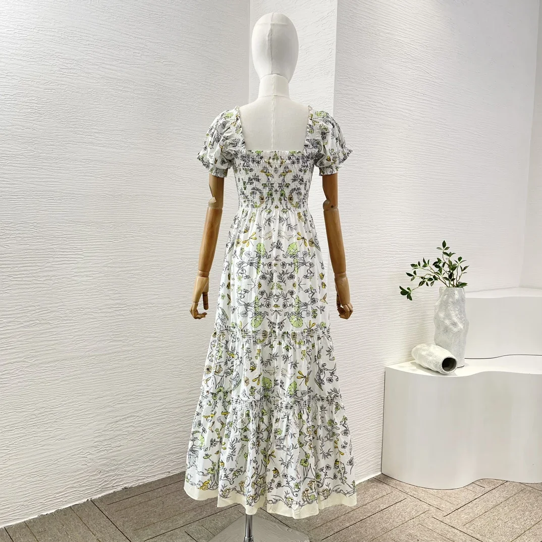 Women High Quality White Morning Glory Insect Print Square Neck Puff Shorts Sleeves Midi Dress 2024 New Arrivals