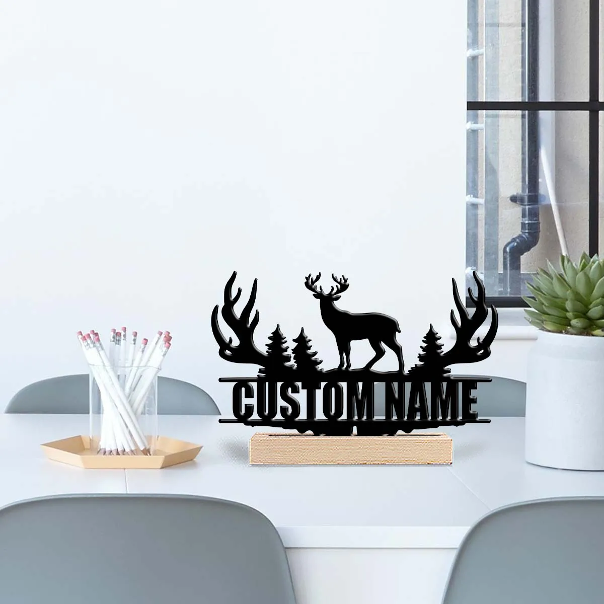 1 pièce Statue en métal décorative de bureau, personnalisable, avec base en bois, cadeau de déménagement pour amis, ornements décoratifs