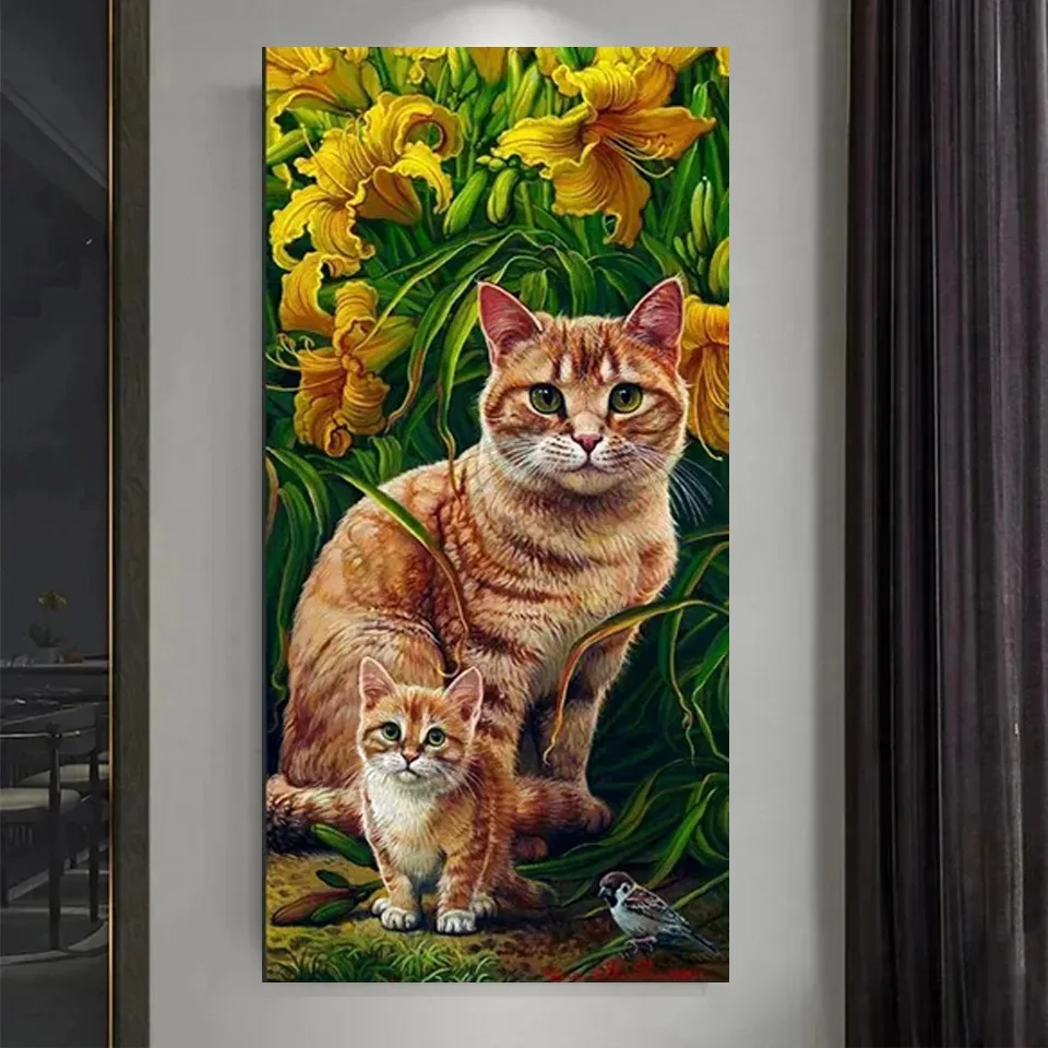 5D DIY Diamond Painting Flower Cat Cross Stitch Embroidery Yellow Lily Mosaic Diamond Room Wall Art Home Decor Gift PP5297