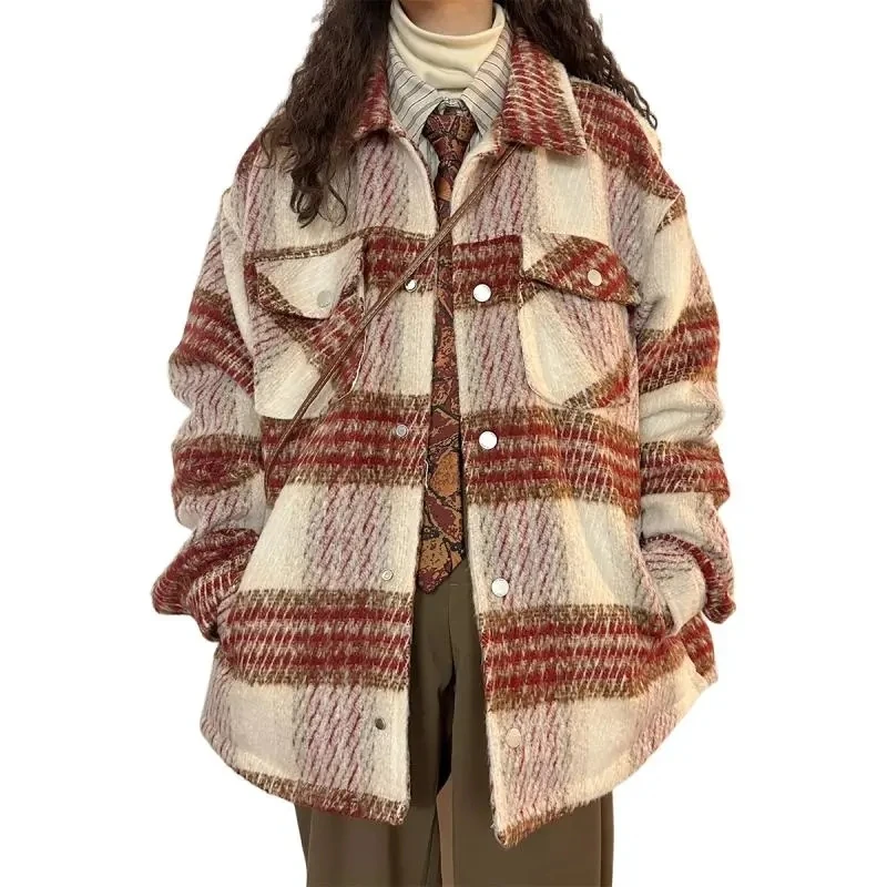 Plaid Wool Jacket Women 2023Autumn WinterNew Korean Temperament Mid Long Single-Breasted Coat Female Casual Overcoat LadiesTops