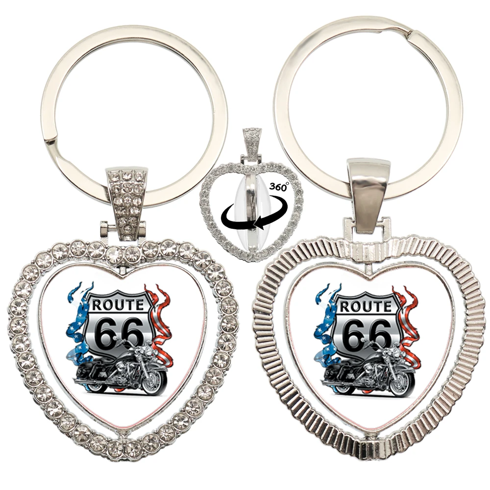 New Route 66 Motorcycles Cars Double Sided Keychain 360 Degree Rotating Heart Shaped Pendant For Women  Gift Jewelry