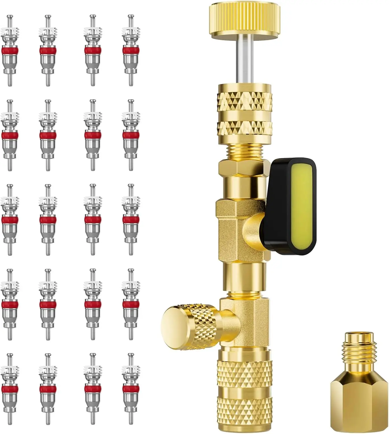

Инструмент для снятия сердечника клапана, латунный адаптер с портом 1/4 и 5/16, инструмент для клапана для хладагента R22 R410a с 20 сердечками клапана