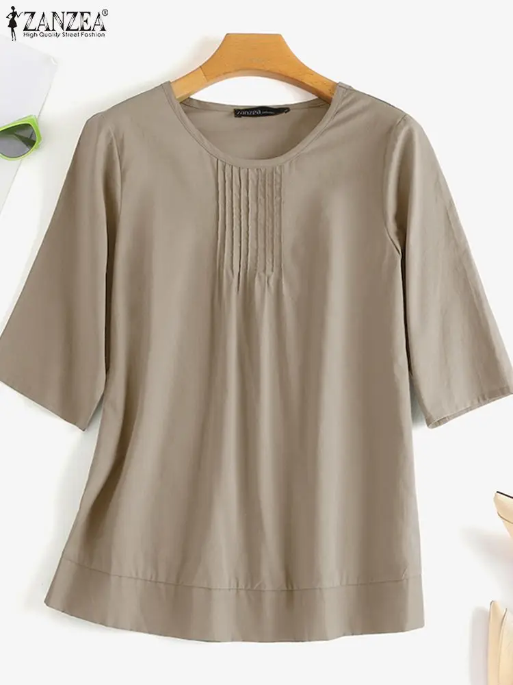 ZANZEA Fashion Summer O Neck Half Sleeve Blouse Women Casual Solid Cotton Tops Female Loose Pleated Blusas Work Shirt Chemise