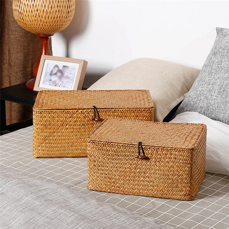 

AB11-Lidded Straw Storage Box For Underwear And Jewelry, Woven Storage Basket Organizer
