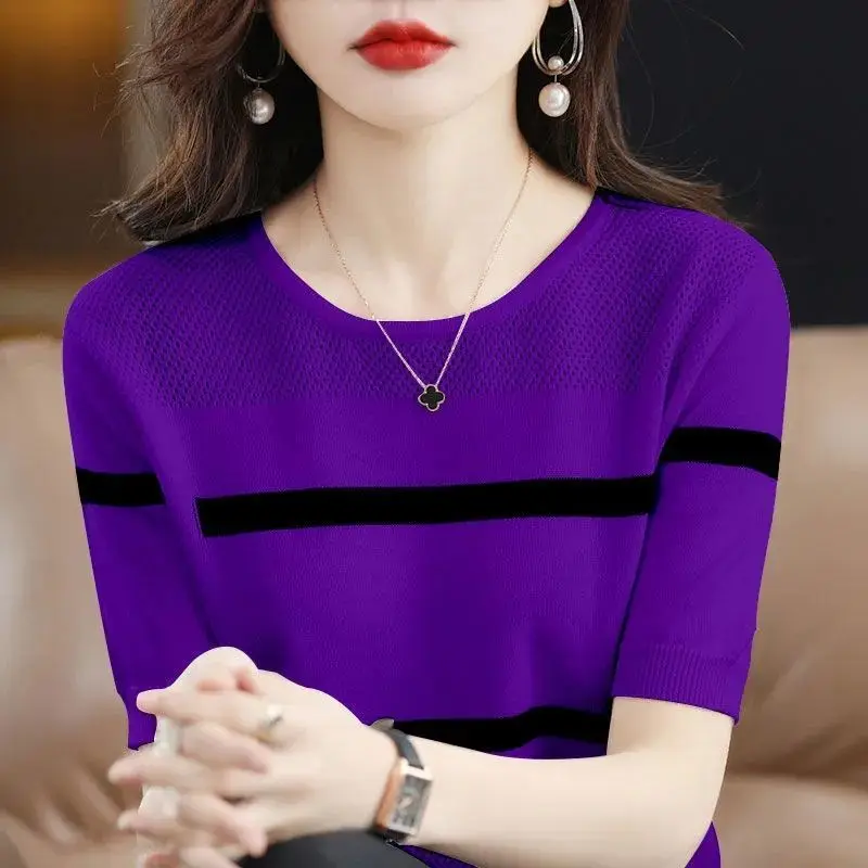 Blusa holgada de punto con cuello redondo para mujer, jerseys informales de manga corta, ropa de viaje para verano, 2023