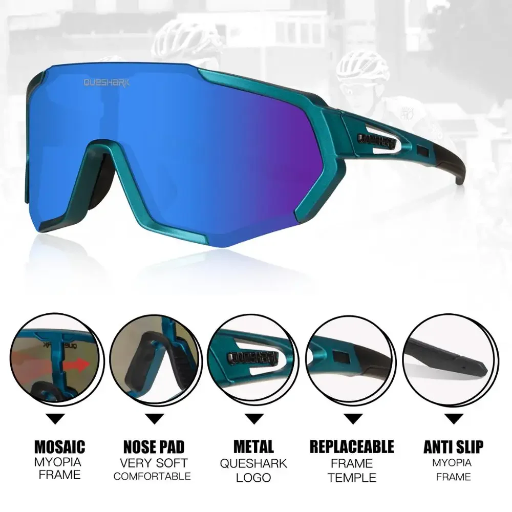 QUESHARK Men Women HD Polarized Cycling Sunglasses Outdoor Sports MTB Bicycle Eyewear Riding Road Bike Glasses 5 Lens Set QE48