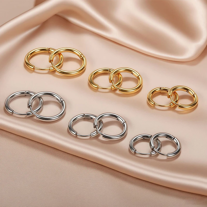 여성용 스테인리스 스틸 라운드 후프 귀걸이 1쌍, 두께 2.5mm, 힙합 스트릿 팝 귀 버클, 클래식 허기 데일리 주얼리