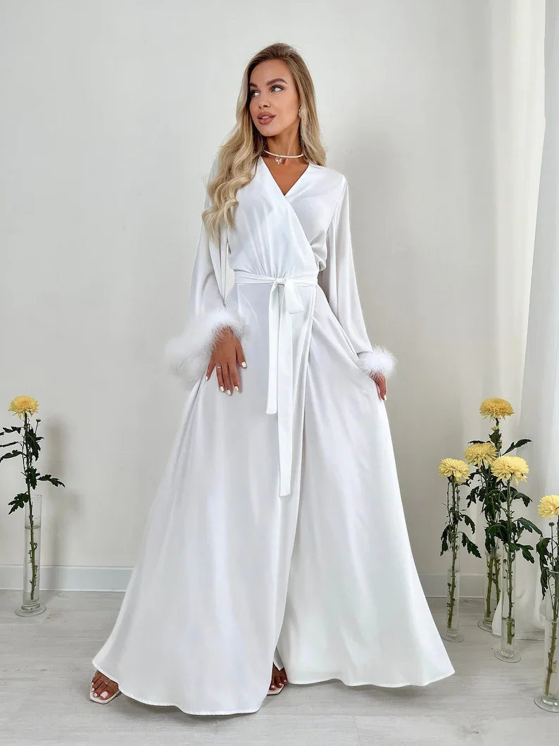 Bridal Feather Robe For Bride Wedding Dressing Gown Maxi Bridal Satin Robes Marabou White Boudoir Dress Long Silk Bridesmaid