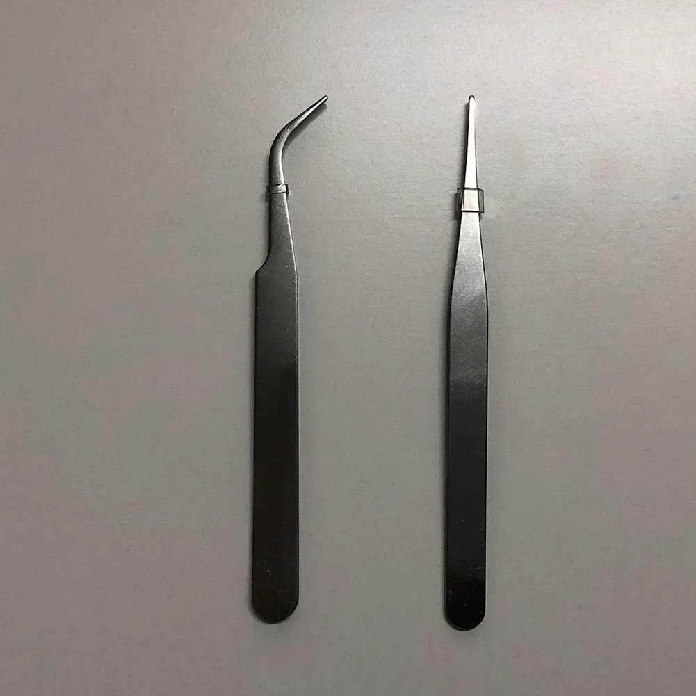 2pcs Stainless Steel Mini Tweezers Dismantling Repair Hand Tools Curved/Straight/Tip Silver Tweezers For Pick Up Small Parts