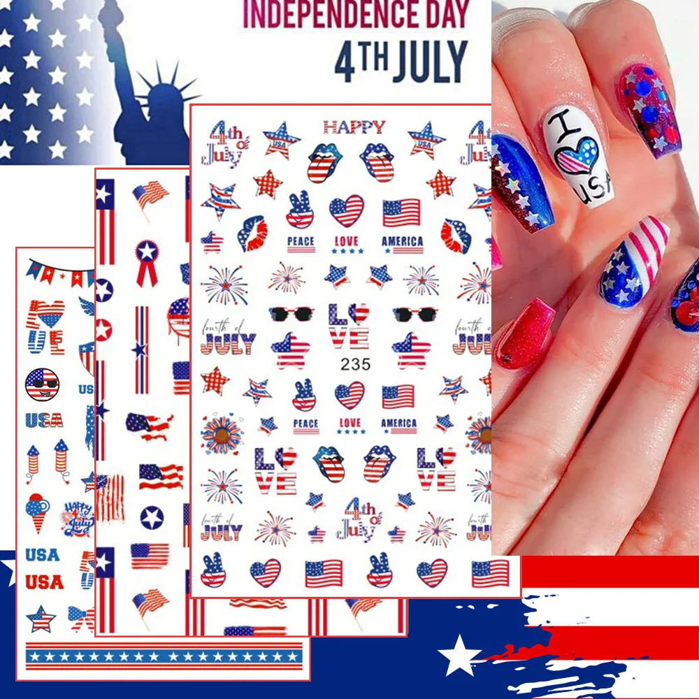 8 قطعة/المجموعة يوم الاستقلال مسمار الفن ملصقات ثلاثية الأبعاد نجوم الحب الشفاه لهب الولايات المتحدة الأمريكية العلم مسمار الشارات DIY بها بنفسك الوطنية الأمريكية مسمار ديكور