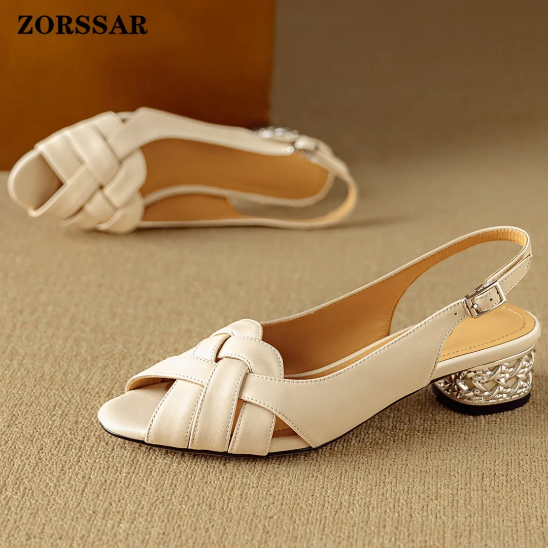 Women's Sheepskin Narrow Band Braided Peep Toe Slingback Slip-on Sandals 4.5cm Thick Med Heel Elegant Ladies Summer Dress Pumps