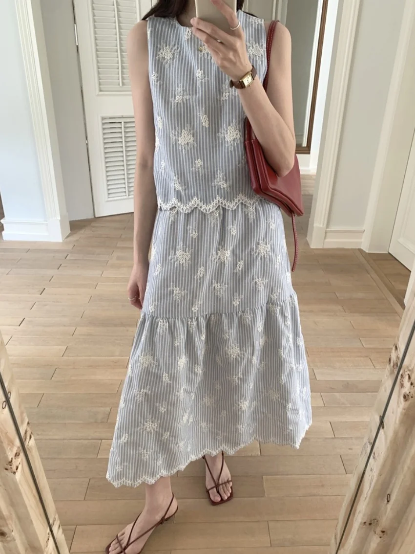 Alien Kitty New Summer Women Two Pieces Suits Chic Elegant Stripes 2025 Sweet Slim Florals Vest Casual All Match Long Skirts