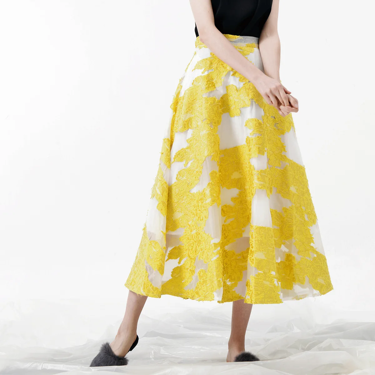 

Freehand Ink-Wash Style Ladies' Autumn Winter A-Line Mid-Length Skirt Casual Three-Dimensional Embroidered Net Bottom Skirt