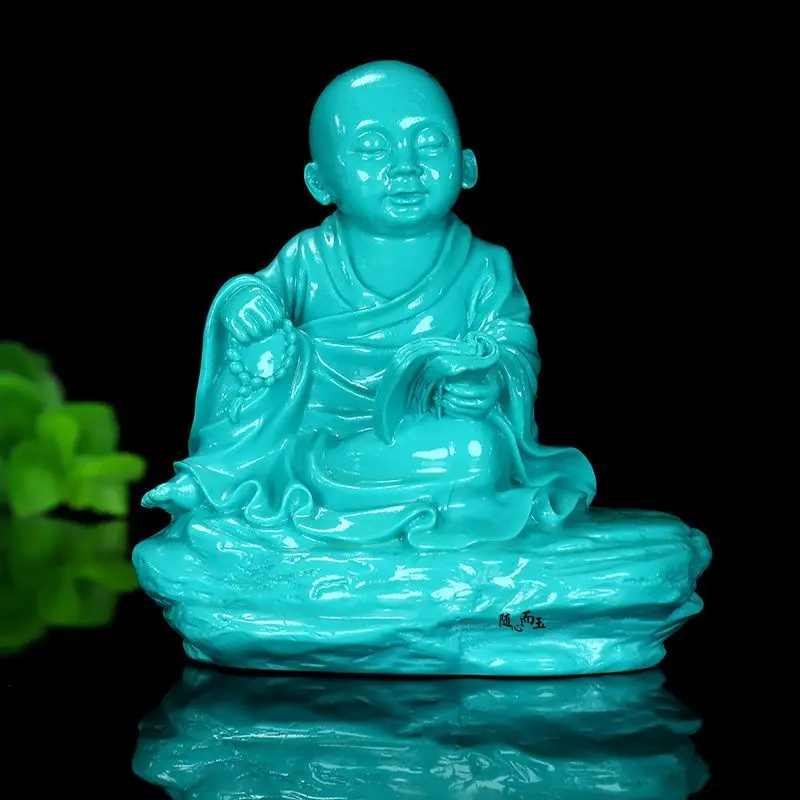 Statue Chinese Natural Turquoise Buddha Bodhisattva Base Religious Green Maitreya Hand Carving