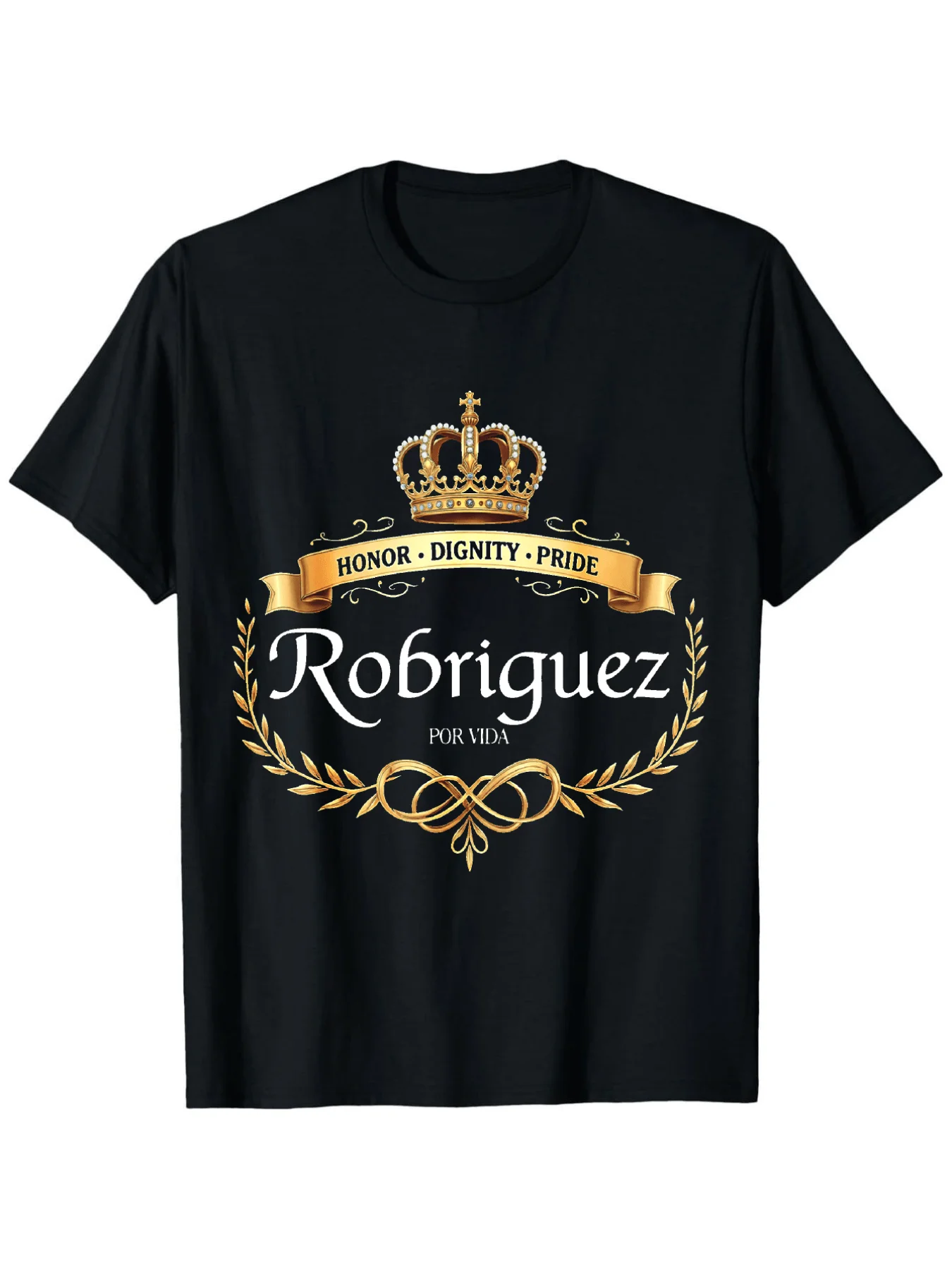 Crown And Laurel Black T-Shirt | Elegant Script 'Robriguez' And Pur Vida Print, Honor Dignity Pride Design, Large Size Available