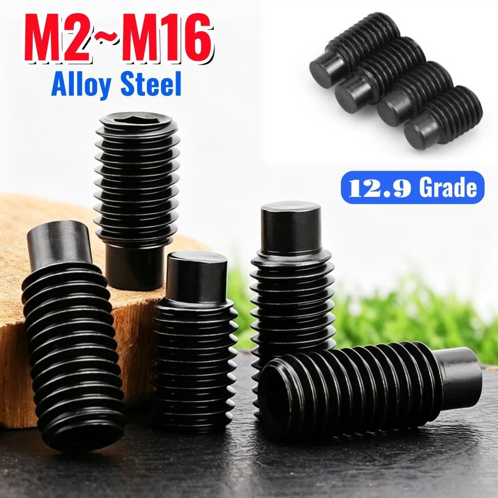 Black 12.9 Grade Convex End Set Screws Hex Socket Dog Point Grub Convex Headless Bolt M2 M2.5 M3 M4 M5 M6 M8 M10 M12 M14 M16
