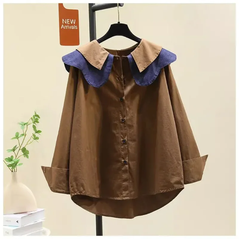 

Spring Autumn Double Layer Doll Collar Patchwork Long Sleeve Shirt for Women Loose Age-reducing Slimming Casual Blouse