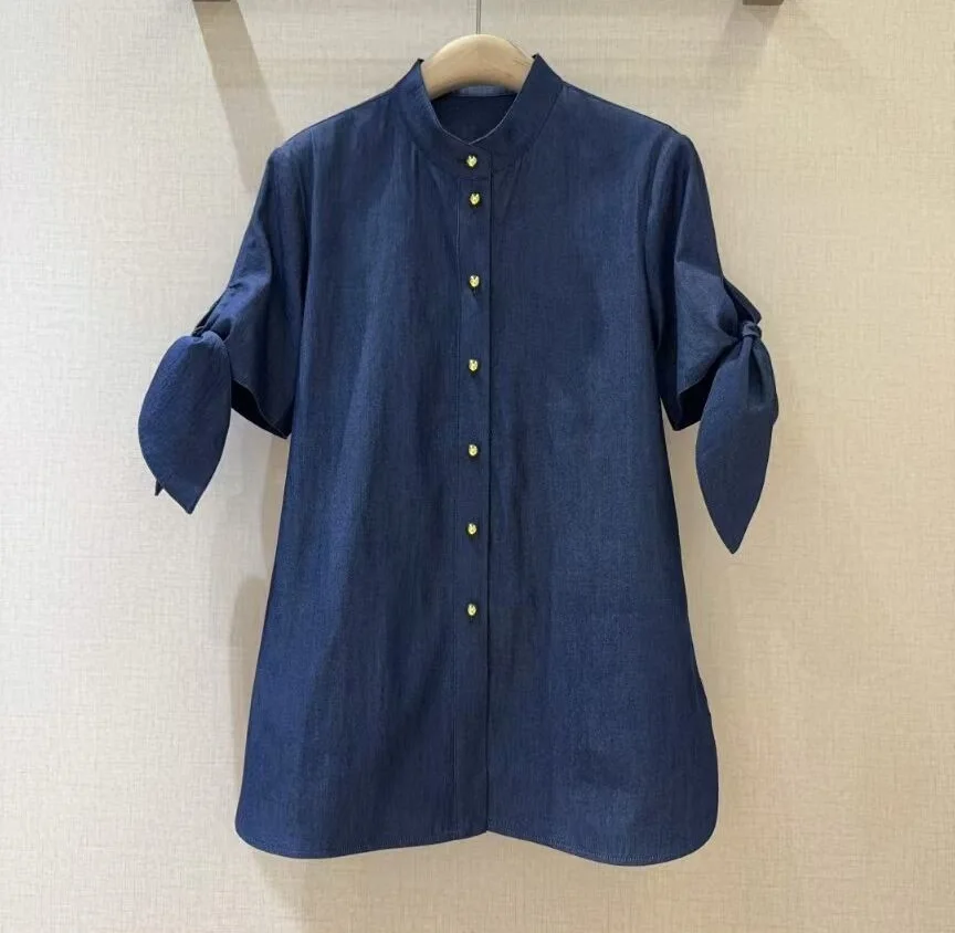 

100%Cotton Denim Shirts 2025 Summer Designer Blouses Women Stand Neck Bow Sleeve Lurex Button Casual Solid Dark Blue Jeans Shirt
