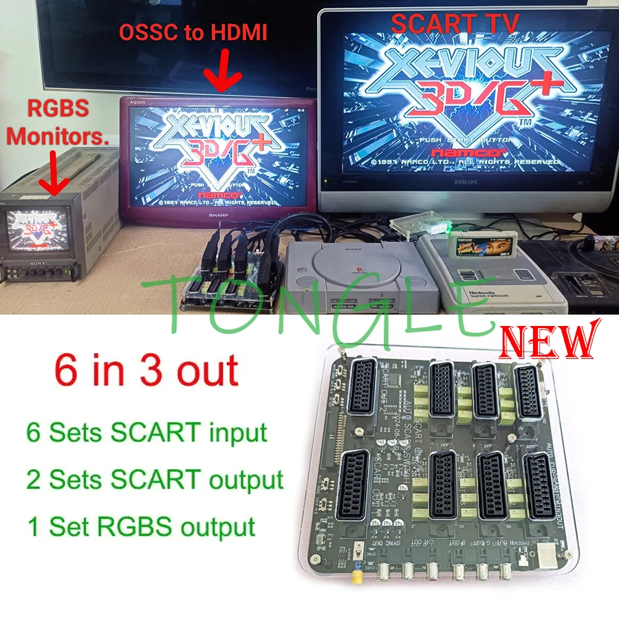 Automatic Switcher, 6 in 3 OUT, 6 Way in SCART ( EUR ) and 3 Way Out ( 2 * SCART European Output, 1 RGBS RCA Output) Distributor