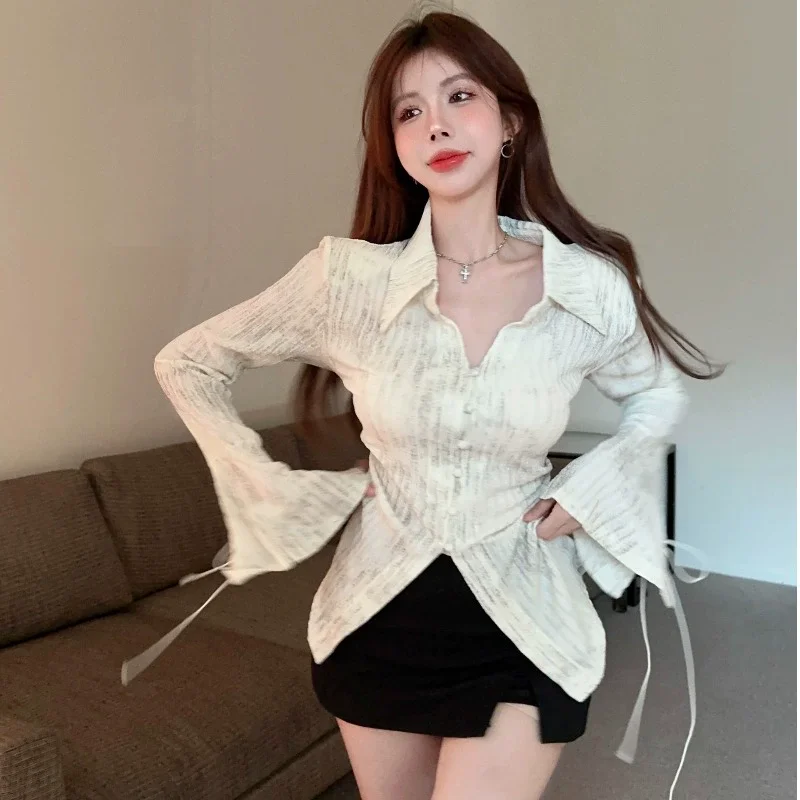 Casual Shirts Women Button-up Bandage Lantern Sleeve Casual Tops All-match Temper Design Tender Slim Korean Tie Dye Chic Daily