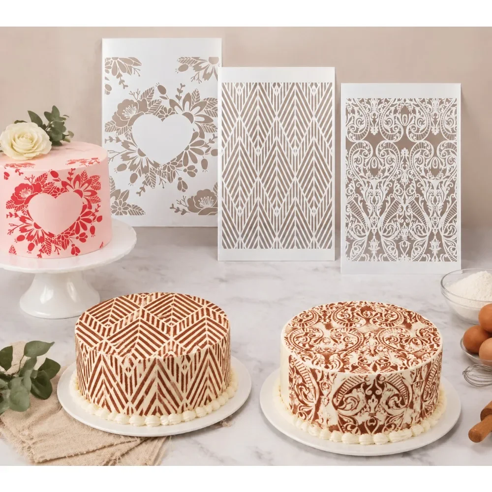 3Pcs Heart Floral & Vintage Scroll Stencils, Cake & Cookie Decorating Templates for Cream Frosting, Wedding & Birthday Party
