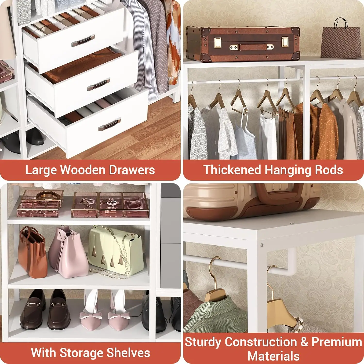 Corner Clothes Rack Wardrobe Closet, Heavy Duty Garment Storage Organizer Shelves, L Shaped Dresser Cabinet Holder With Three Drawers For Bedroom Walk In Closet, Modern Minimalist Style, White, One Piece